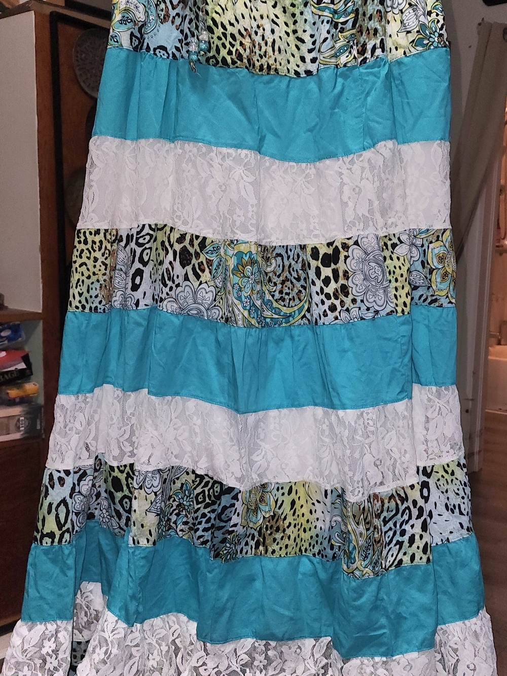 Lapis Women's Turquoise, White & Lime Tiered Maxi Skirt Sz Small